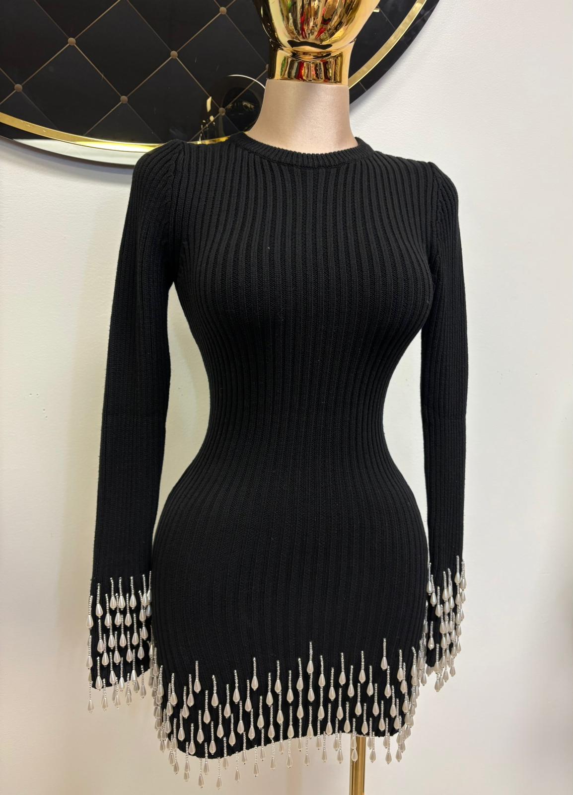 Black Soft Long-sleeve Dress with Pearls Emmy's Boutique Black Soft Long-sleeve Dress with Pearls Emmy's Boutique
