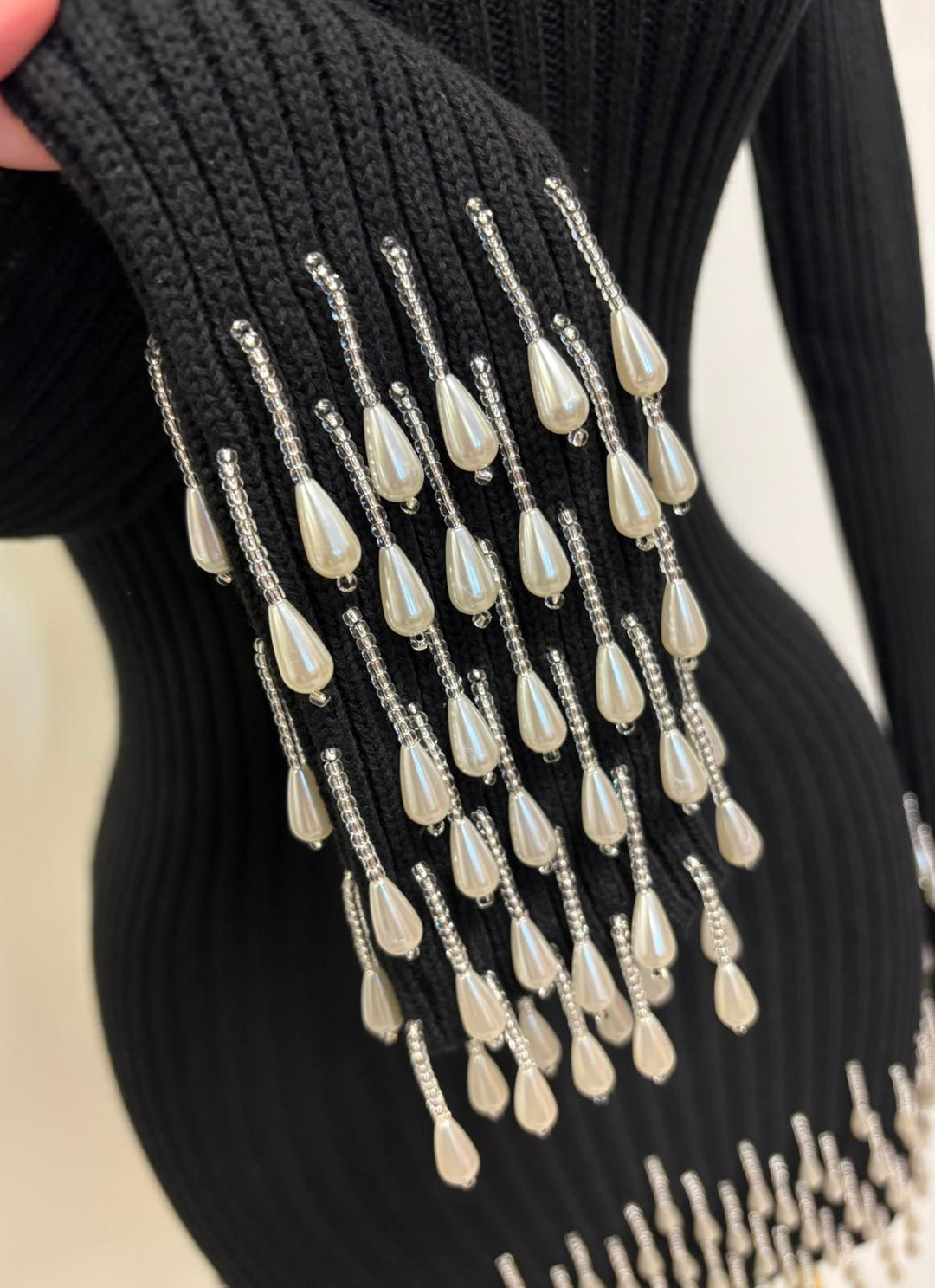 Black Soft Long-sleeve Dress with Pearls Emmy's Boutique Black Soft Long-sleeve Dress with Pearls Emmy's Boutique